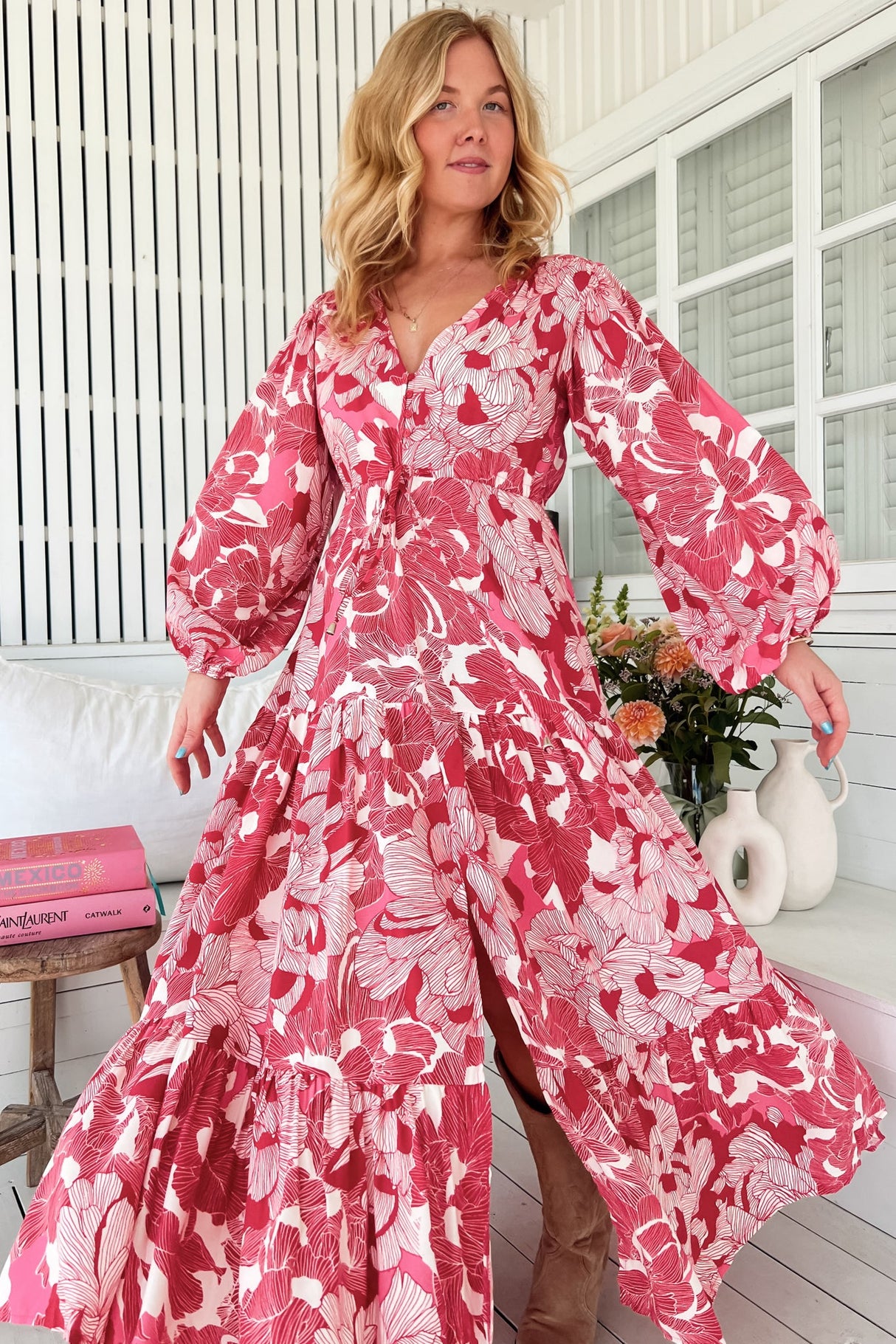 JAASE - Teresa Maxi Dress: A Line Dress with Long Balloon Sleeves in Soulina Print