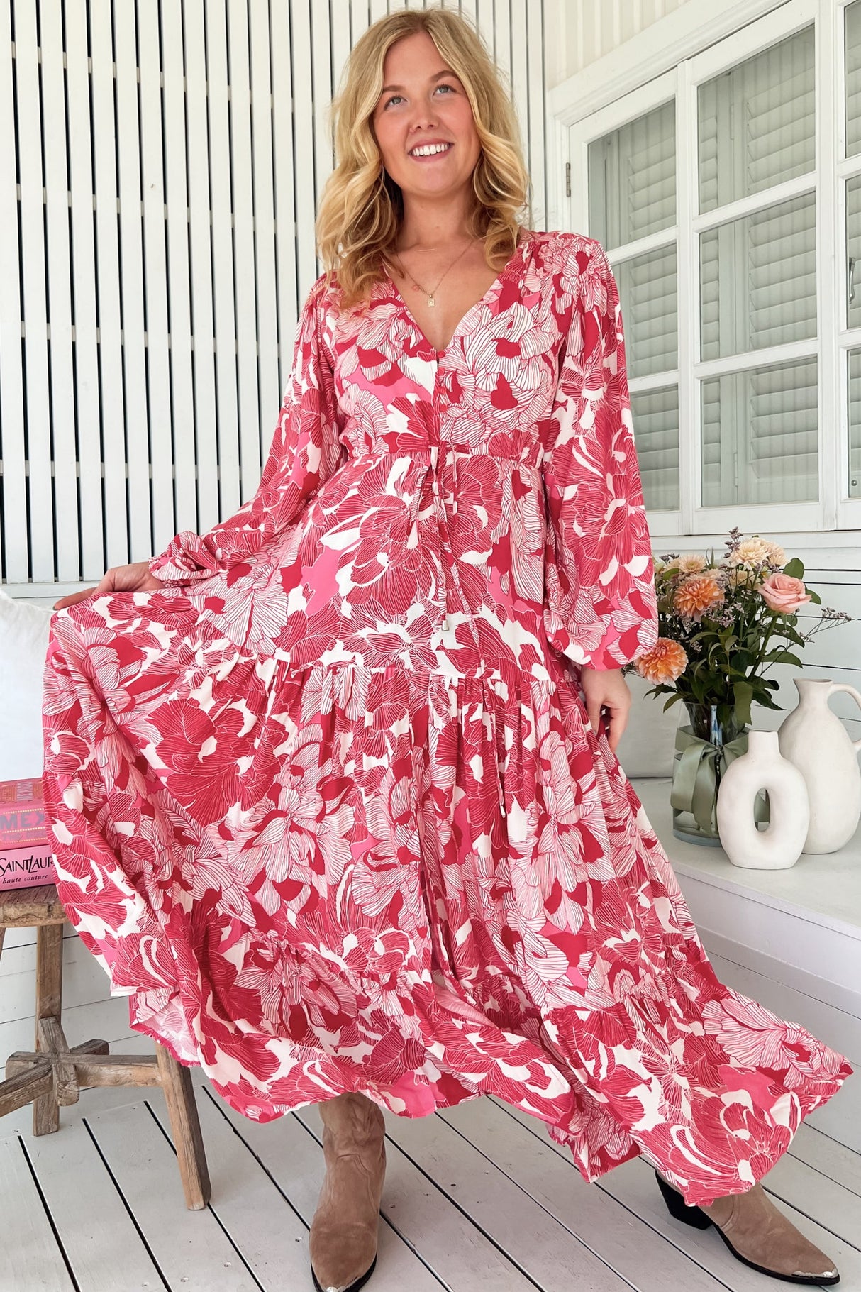 JAASE - Teresa Maxi Dress: A Line Dress with Long Balloon Sleeves in Soulina Print