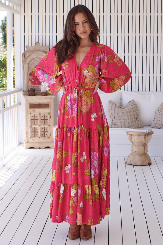JAASE - Teresa Maxi Dress: A Line Dress with Long Balloon Sleeves in Timeless Print