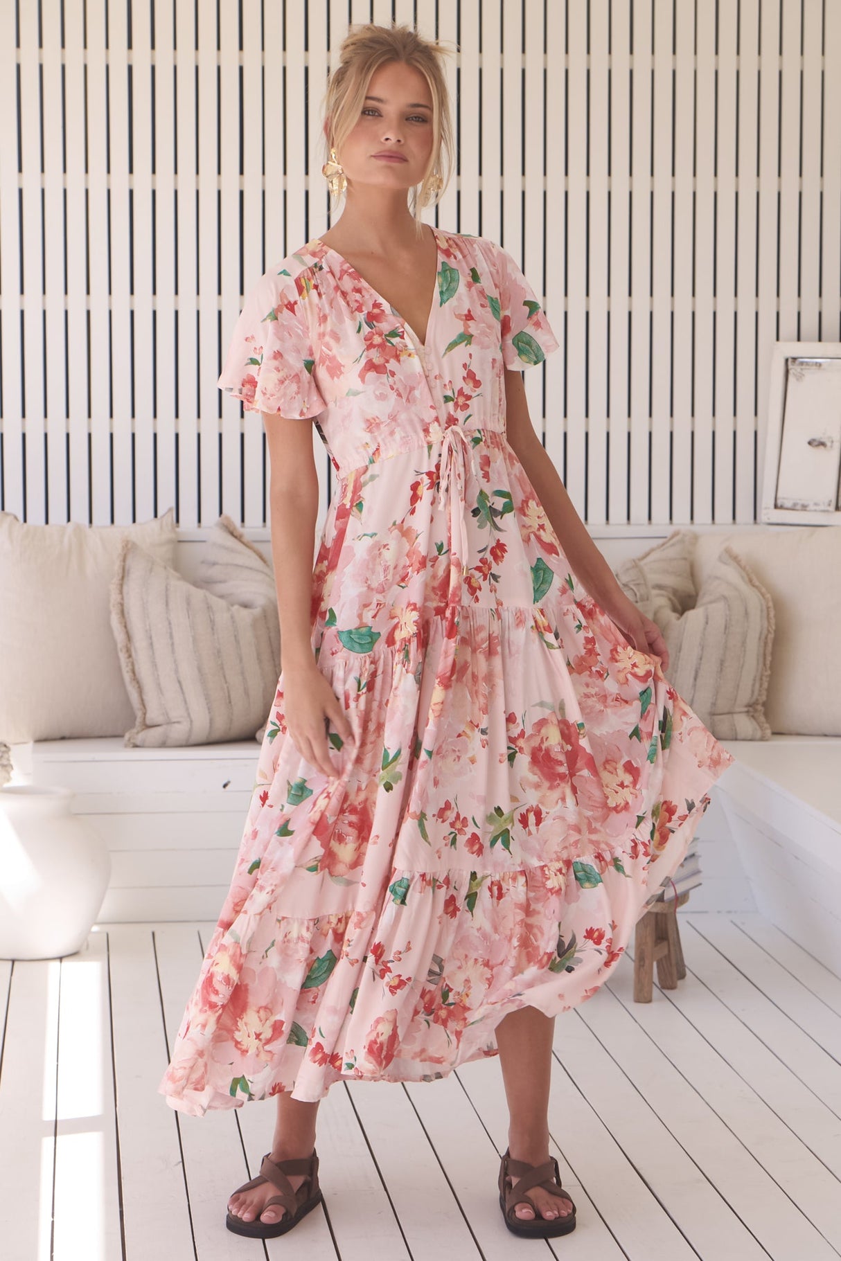 JAASE - Teresia Maxi Dress: Cap Flutter Sleeve Pull Tie Waist Dress in Alessia Print