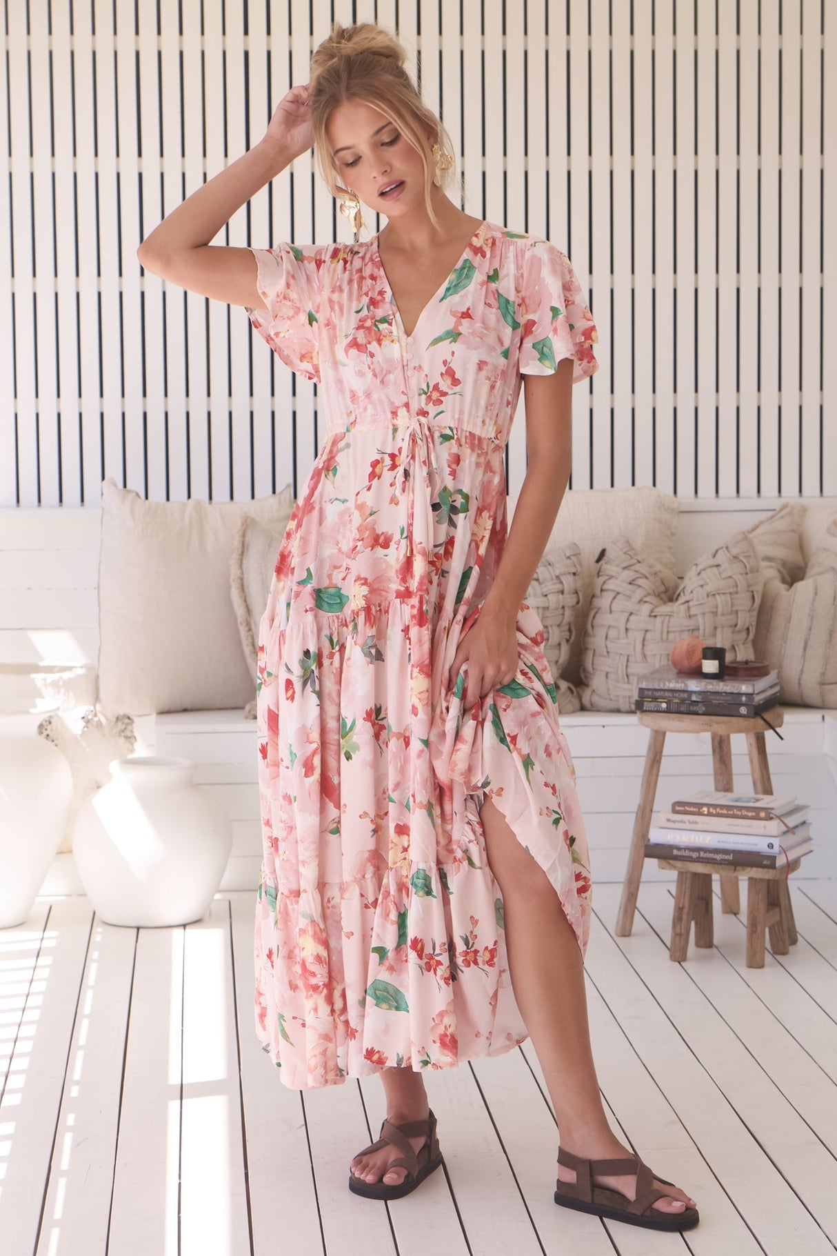 JAASE - Teresia Maxi Dress: Cap Flutter Sleeve Pull Tie Waist Dress in Alessia Print