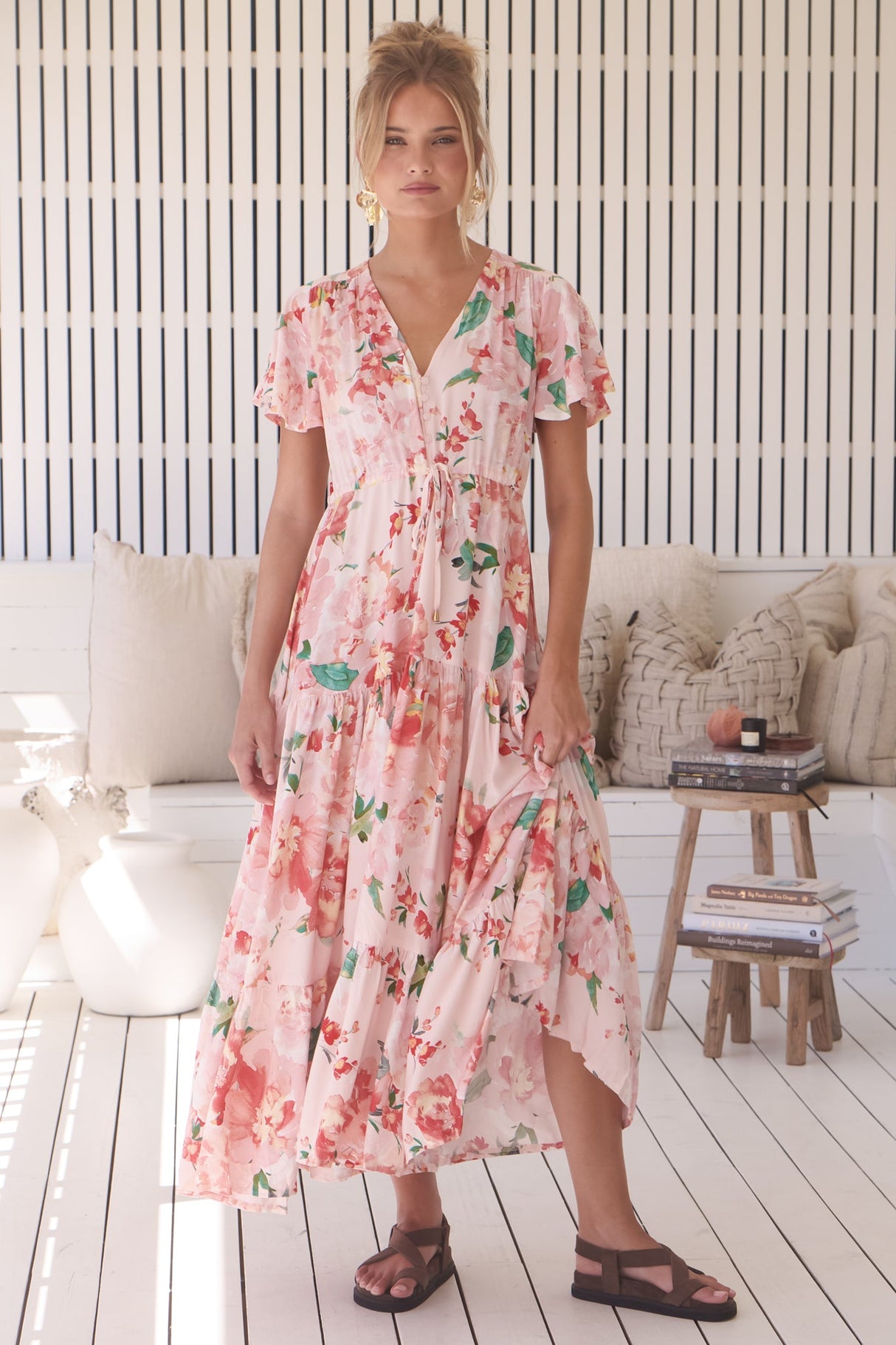 JAASE - Teresia Maxi Dress: Cap Flutter Sleeve Pull Tie Waist Dress in Alessia Print