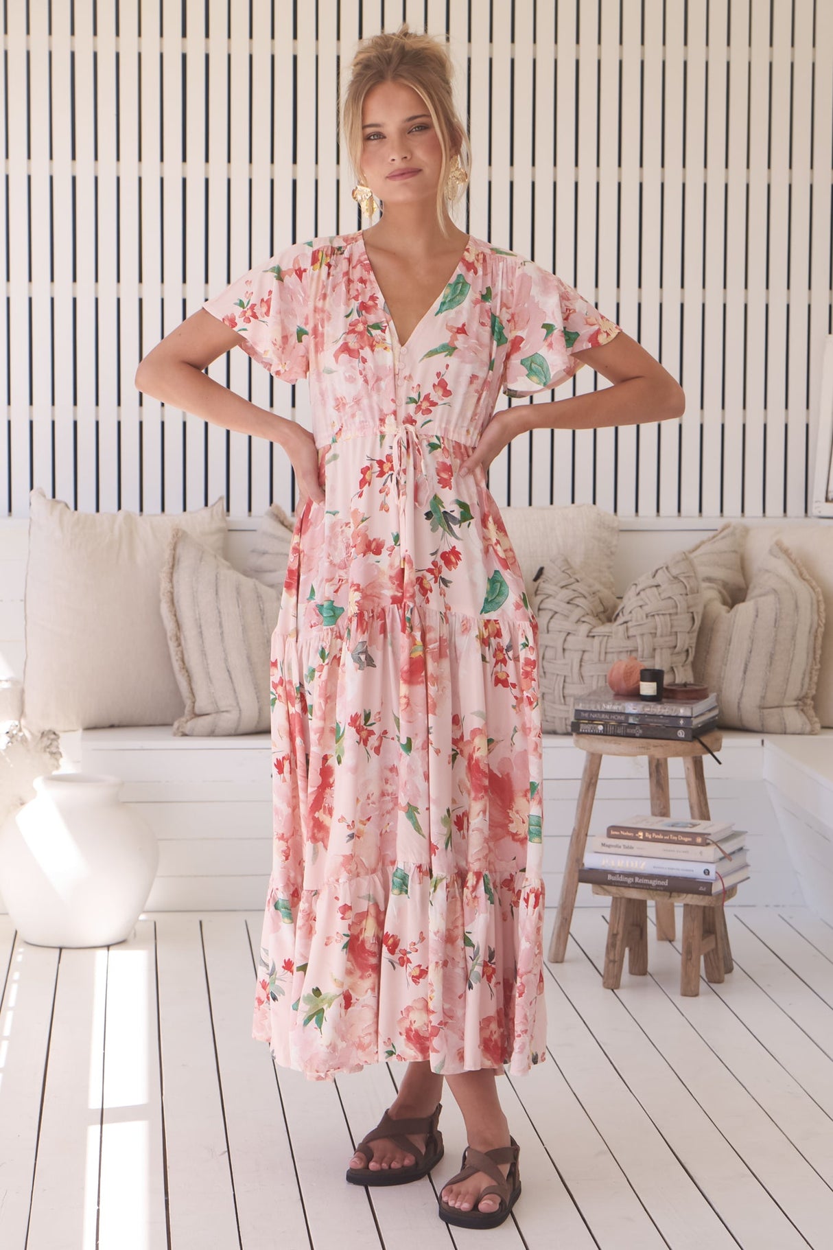 JAASE - Teresia Maxi Dress: Cap Flutter Sleeve Pull Tie Waist Dress in Alessia Print