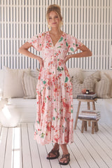 JAASE - Teresia Maxi Dress: Cap Flutter Sleeve Pull Tie Waist Dress in Alessia Print