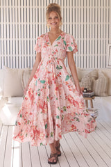 JAASE - Teresia Maxi Dress: Cap Flutter Sleeve Pull Tie Waist Dress in Alessia Print