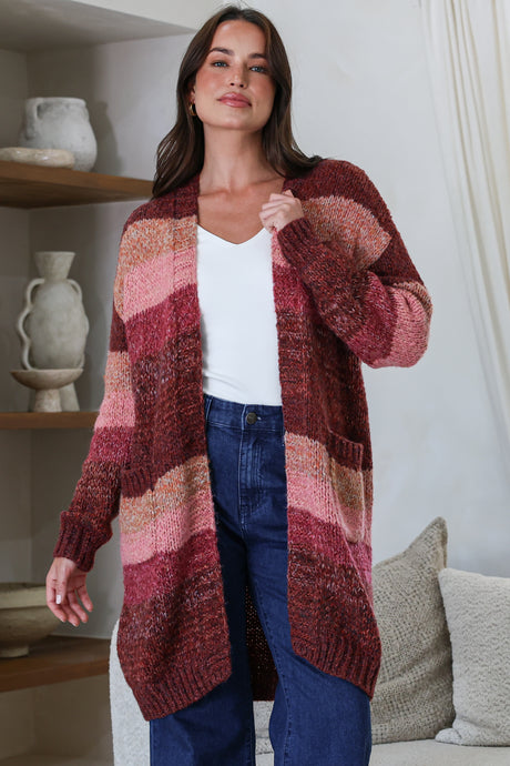 Model wearing Tess Cardigan in Wine from Salty Crush