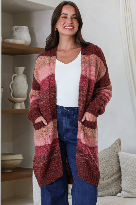Tess Cardigan - Open Front Stripe Knit with Pockets in Wine