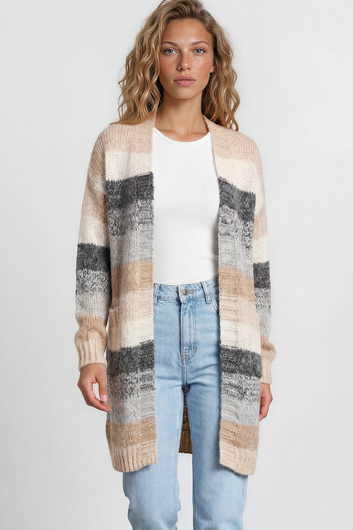 Model wearing Tess Cardigan in Beige from Salty Crush