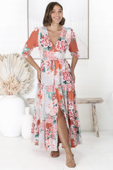 JAASE - Tessa Maxi Dress: A Line Pull Tie Waist Dress in Fleur Print