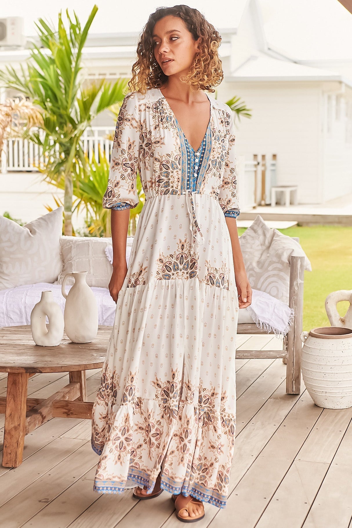 JAASE - Tessa Maxi Dress: A Line Pull Tie Waist Dress in Gemstone Print