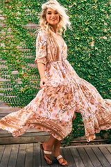 JAASE - Tessa Maxi Dress: A Line Pull Tie Waist Dress in Peach Dahlia Print