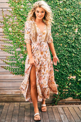 JAASE - Tessa Maxi Dress: A Line Pull Tie Waist Dress in Peach Dahlia Print