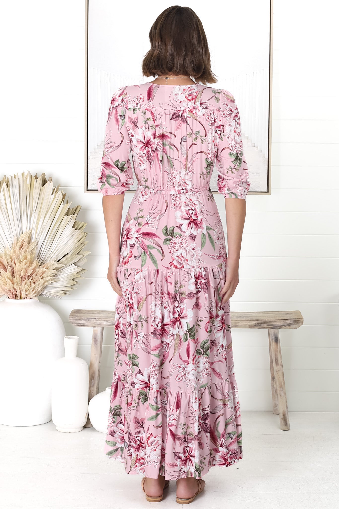 JAASE - Tessa Maxi Dress: A Line Pull Tie Waist Dress in Pink Lotus Print
