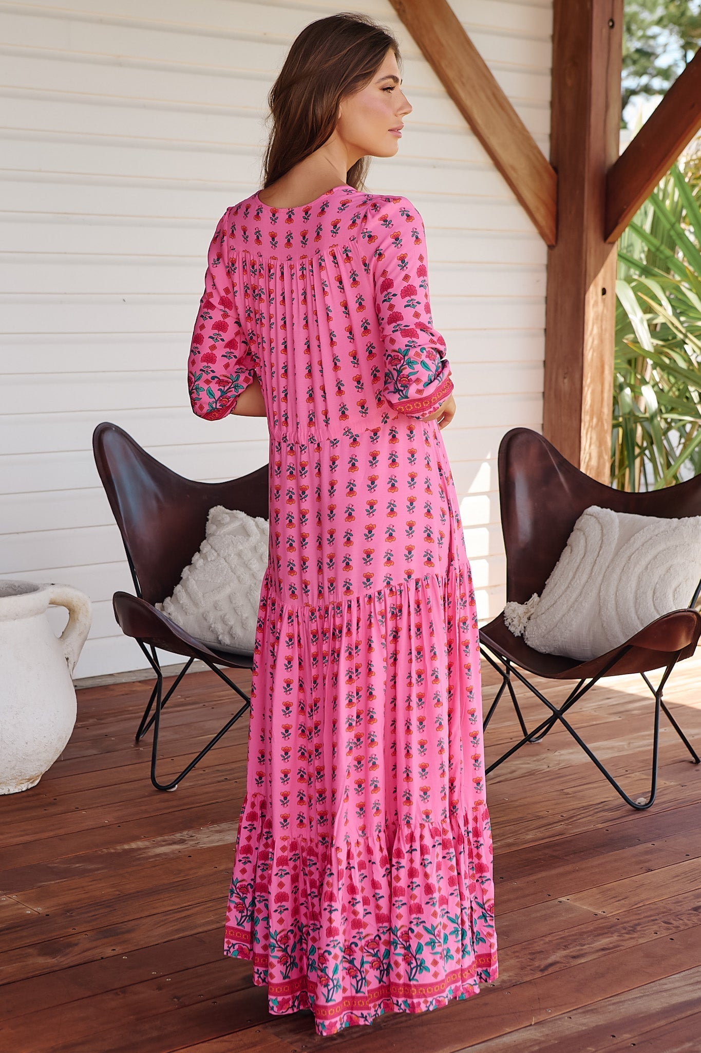 JAASE - Tessa Maxi Dress: A Line Pull Tie Waist Dress in Raspberry Romance Print