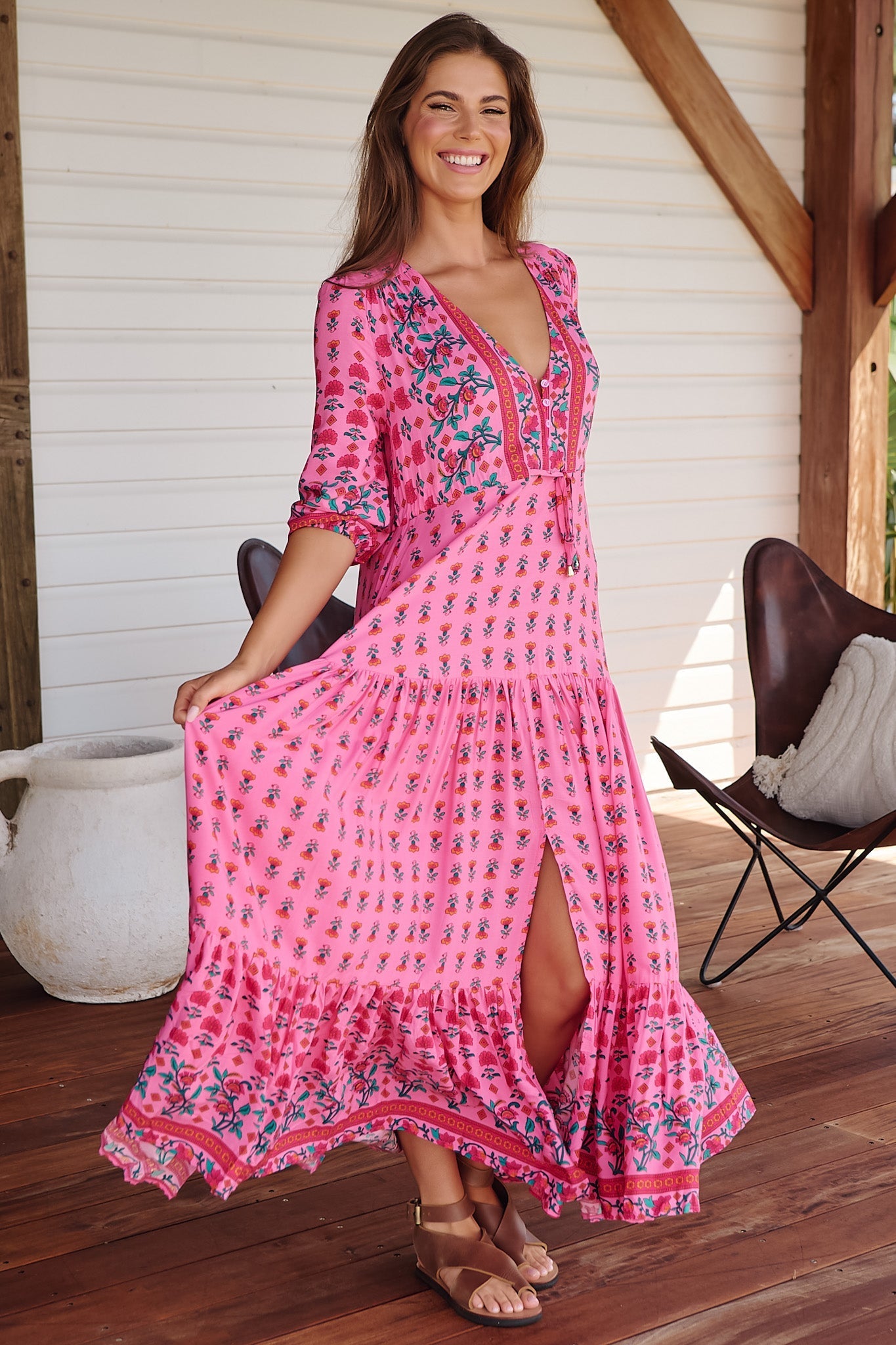 JAASE - Tessa Maxi Dress: A Line Pull Tie Waist Dress in Raspberry Romance Print