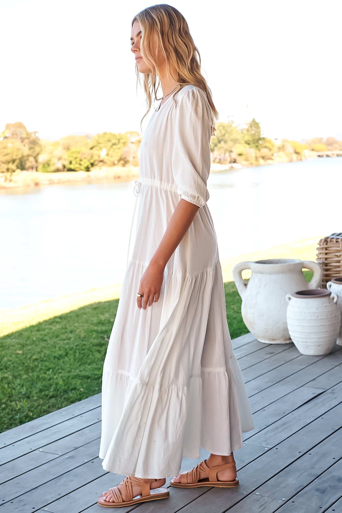JAASE - Tessa Maxi Dress: A Line Pull Tie Waist Dress in White Poppy