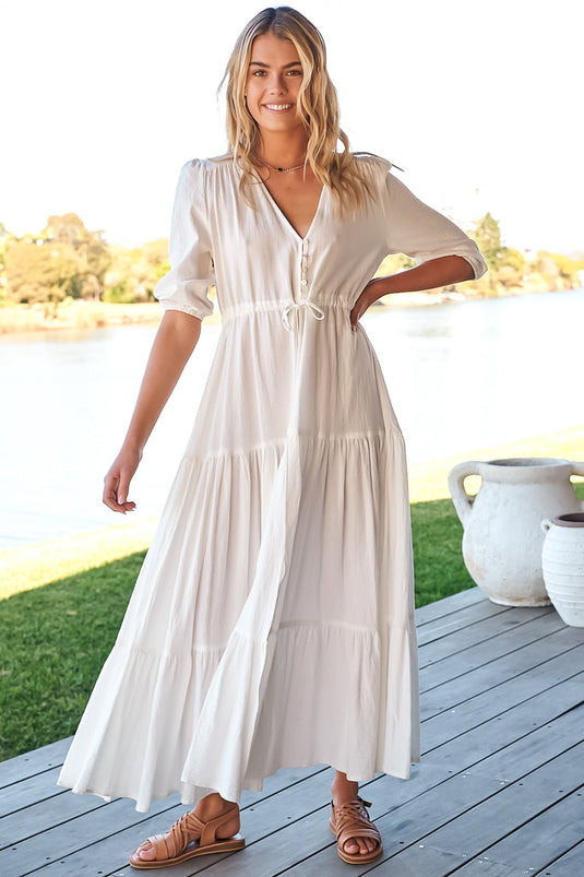 JAASE - Tessa Maxi Dress: A Line Pull Tie Waist Dress in White Poppy