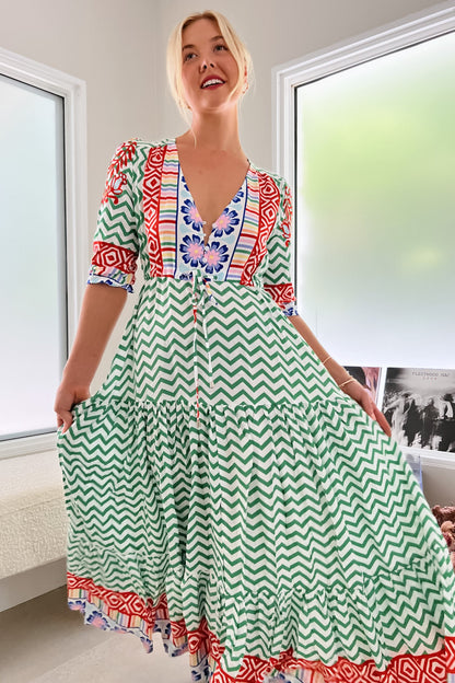 JAASE - Tessa Maxi Dress: A Line Pull Tie Waist Dress in Ziggy Za Print