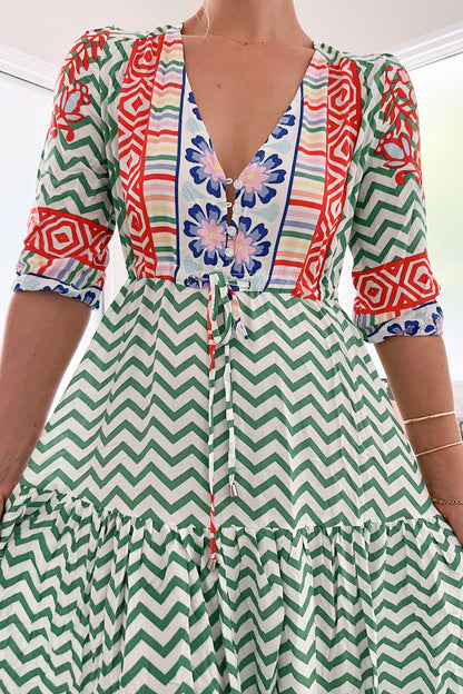 JAASE - Tessa Maxi Dress: A Line Pull Tie Waist Dress in Ziggy Za Print