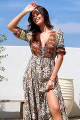 JAASE - Tessa Maxi Dress: A Line Pull Tie Waist Dress in Oakie Print