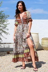 JAASE - Tessa Maxi Dress: A Line Pull Tie Waist Dress in Oakie Print