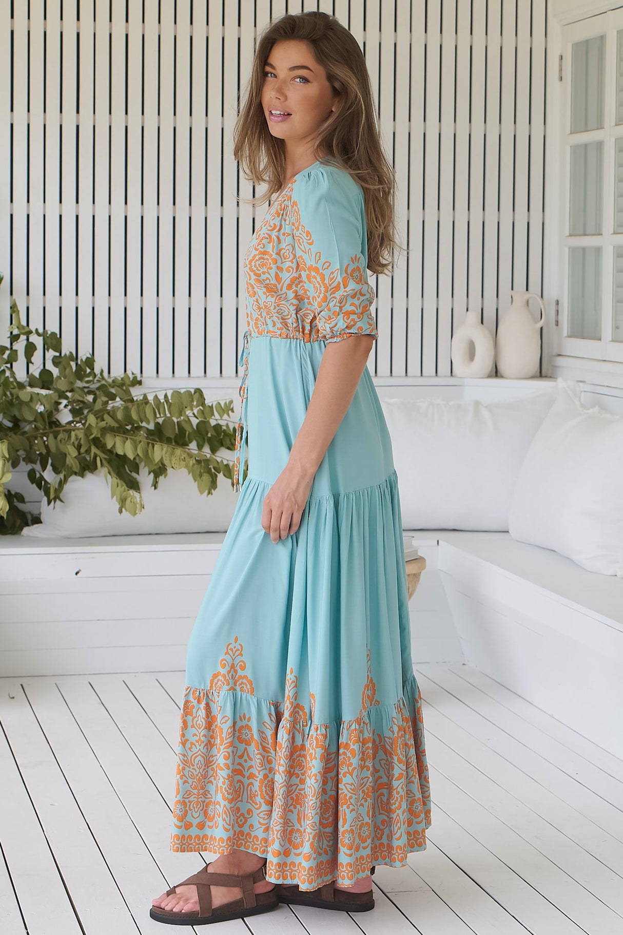 JAASE - Tessa Maxi Dress: A Line Pull Tie Waist Dress in Arabian Nights Print