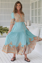 JAASE - Tessa Maxi Dress: A Line Pull Tie Waist Dress in Arabian Nights Print