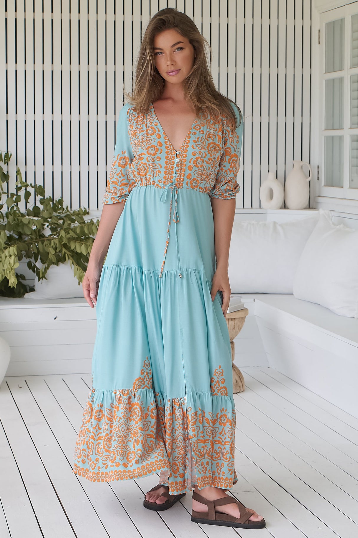 JAASE - Tessa Maxi Dress: A Line Pull Tie Waist Dress in Arabian Nights Print