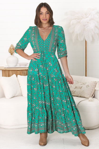 JAASE - Tessa Maxi Dress: A Line Pull Tie Waist Dress in Evergreen Print