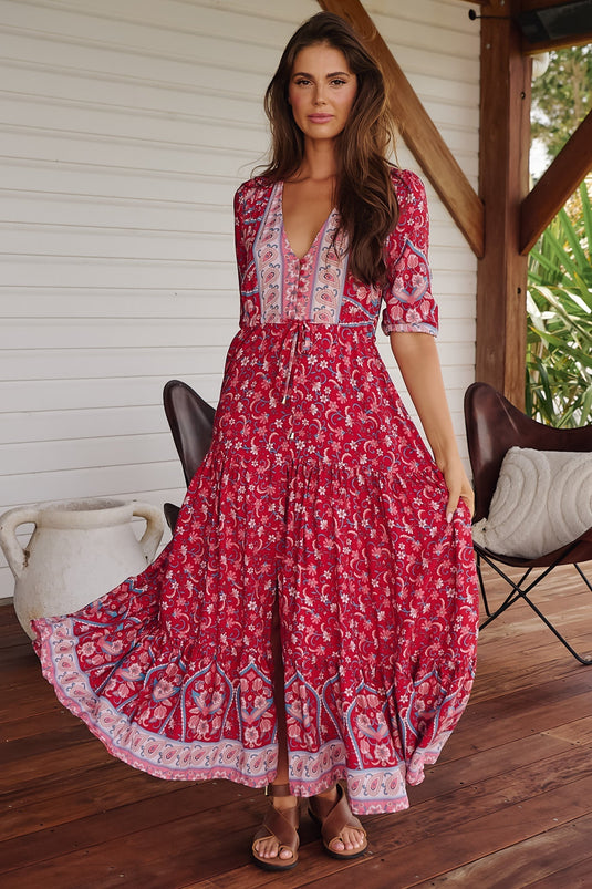 JAASE - Tessa Maxi Dress: A Line Pull Tie Waist Dress in Ruby Rouge Print