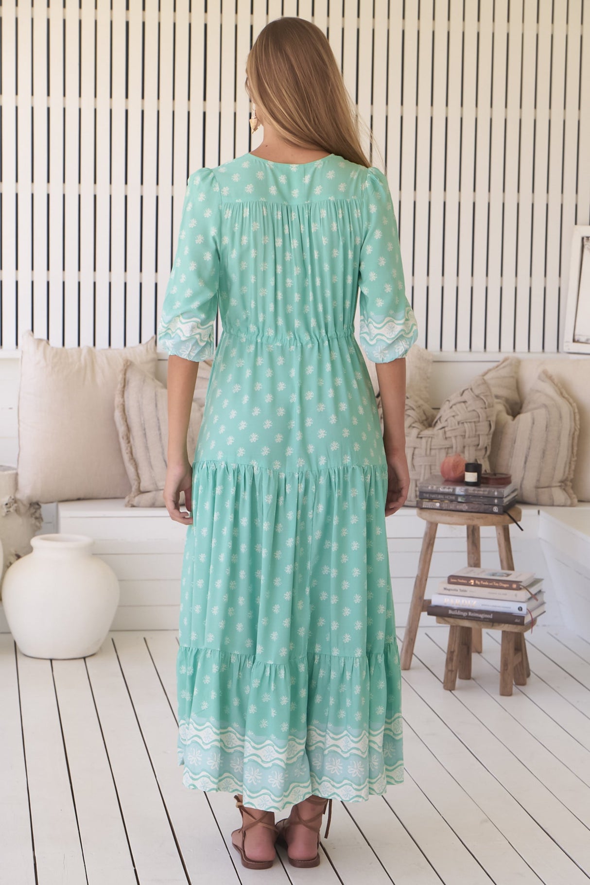 JAASE - Tessa Maxi Dress: A Line Pull Tie Waist Dress in Sea Foam Print