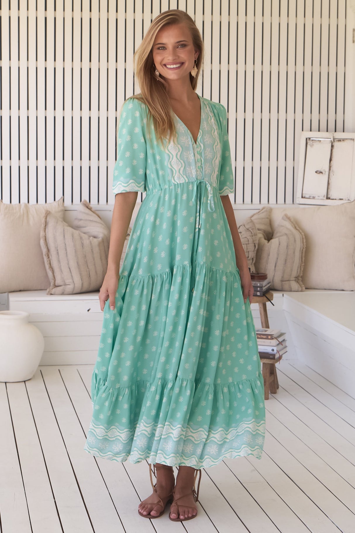 JAASE - Tessa Maxi Dress: A Line Pull Tie Waist Dress in Sea Foam Print