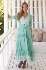 JAASE - Tessa Maxi Dress: A Line Pull Tie Waist Dress in Sea Foam Print