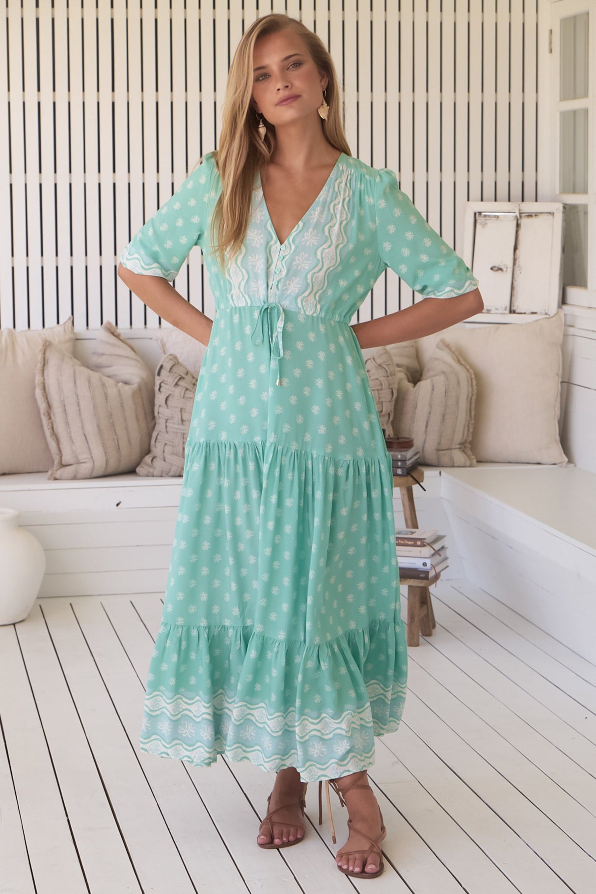 JAASE - Tessa Maxi Dress: A Line Pull Tie Waist Dress in Sea Foam Print