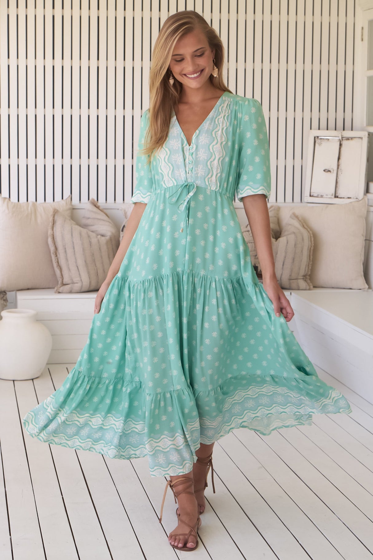 JAASE - Tessa Maxi Dress: A Line Pull Tie Waist Dress in Sea Foam Print