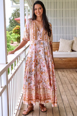 JAASE - Tessa Maxi Dress: A Line Pull Tie Waist Dress in Peach Dahlia Print