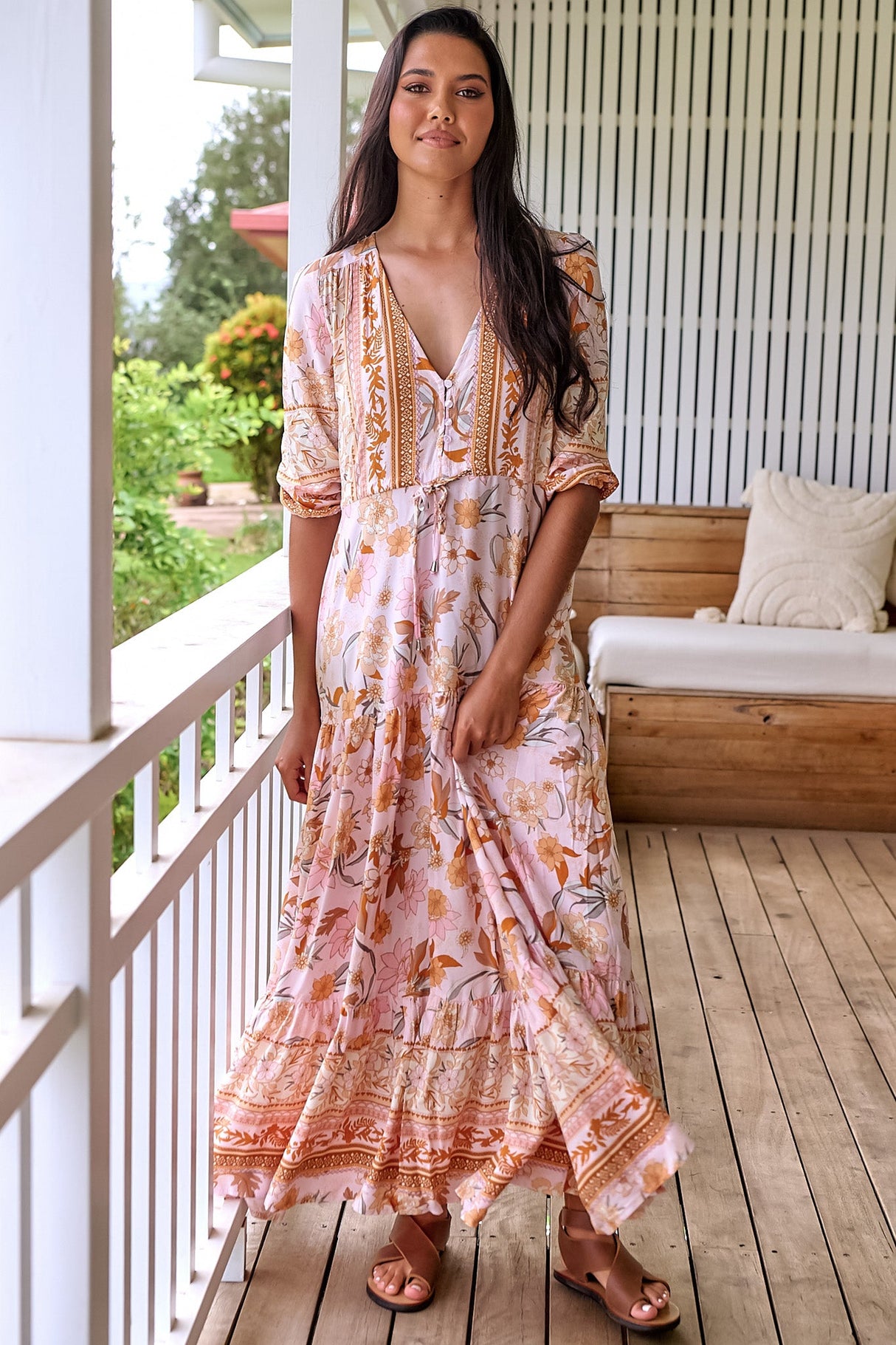 JAASE - Tessa Maxi Dress: A Line Pull Tie Waist Dress in Peach Dahlia Print
