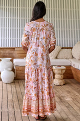 JAASE - Tessa Maxi Dress: A Line Pull Tie Waist Dress in Peach Dahlia Print