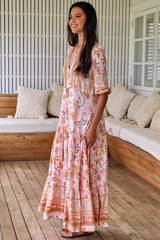 JAASE - Tessa Maxi Dress: A Line Pull Tie Waist Dress in Peach Dahlia Print