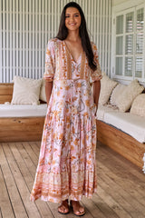 JAASE - Tessa Maxi Dress: A Line Pull Tie Waist Dress in Peach Dahlia Print