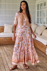 JAASE - Tessa Maxi Dress: A Line Pull Tie Waist Dress in Peach Dahlia Print