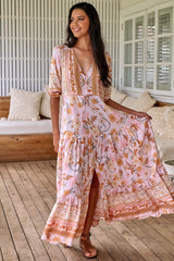 JAASE - Tessa Maxi Dress: A Line Pull Tie Waist Dress in Peach Dahlia Print