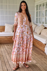 JAASE - Tessa Maxi Dress: A Line Pull Tie Waist Dress in Peach Dahlia Print