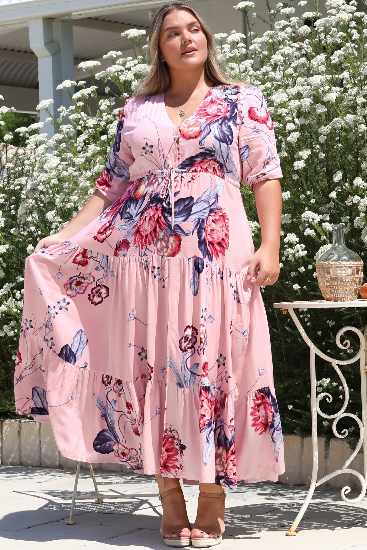 JAASE - Tessa Maxi Dress: A Line Pull Tie Waist Dress in Dahlia Print