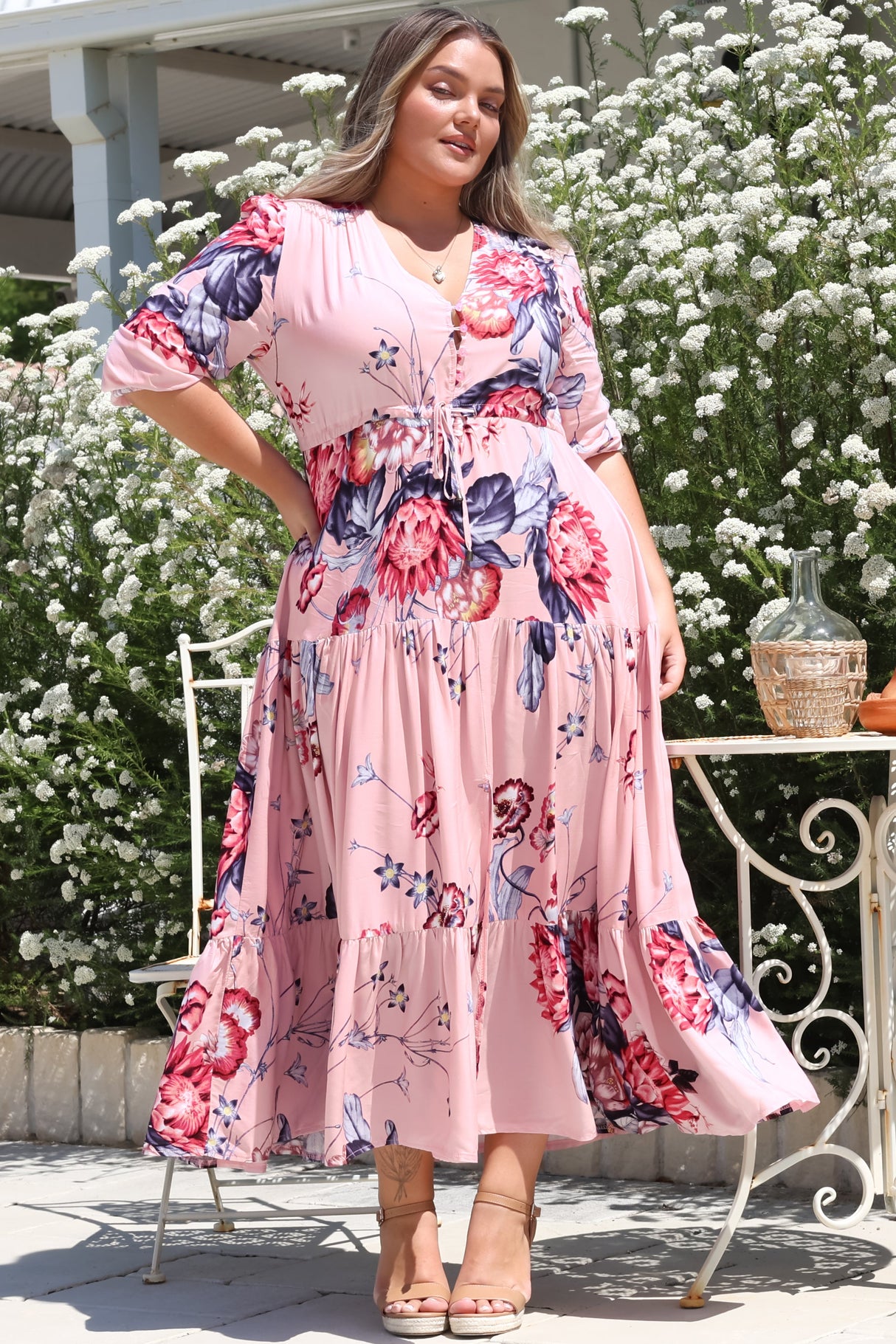 JAASE - Tessa Maxi Dress: A Line Pull Tie Waist Dress in Dahlia Print