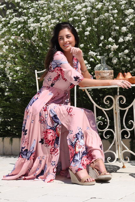JAASE - Tessa Maxi Dress: A Line Pull Tie Waist Dress in Dahlia Print