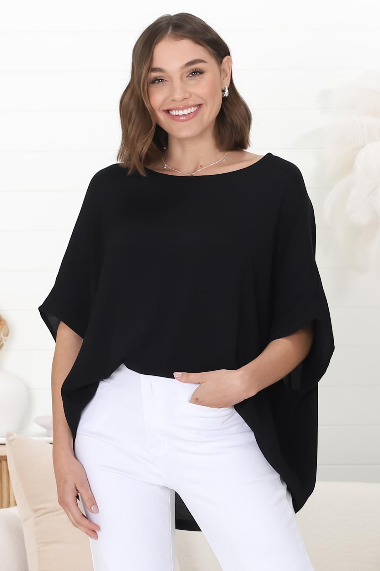 Lurye Top - Round Neckline with Bat Sleeves in Black