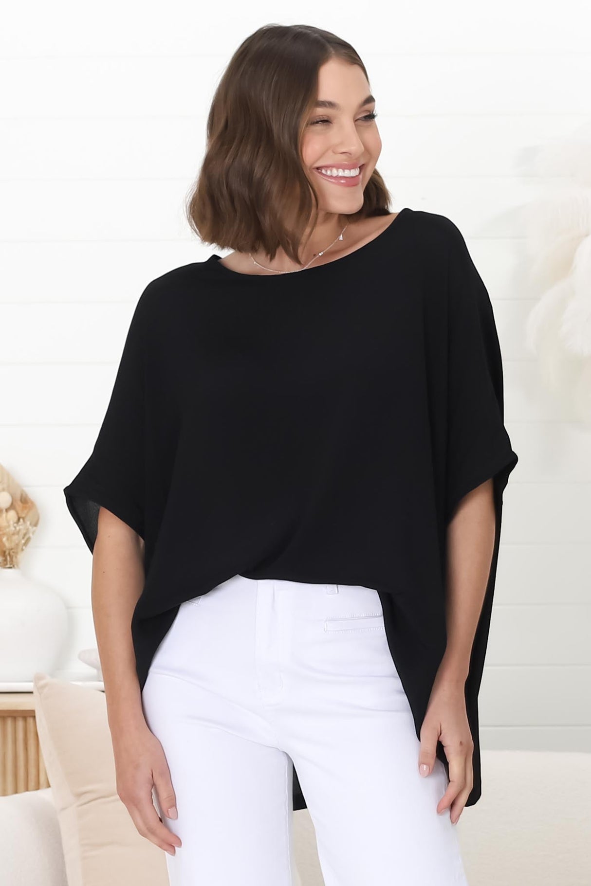 Lurye Top - Round Neckline with Bat Sleeves in Black