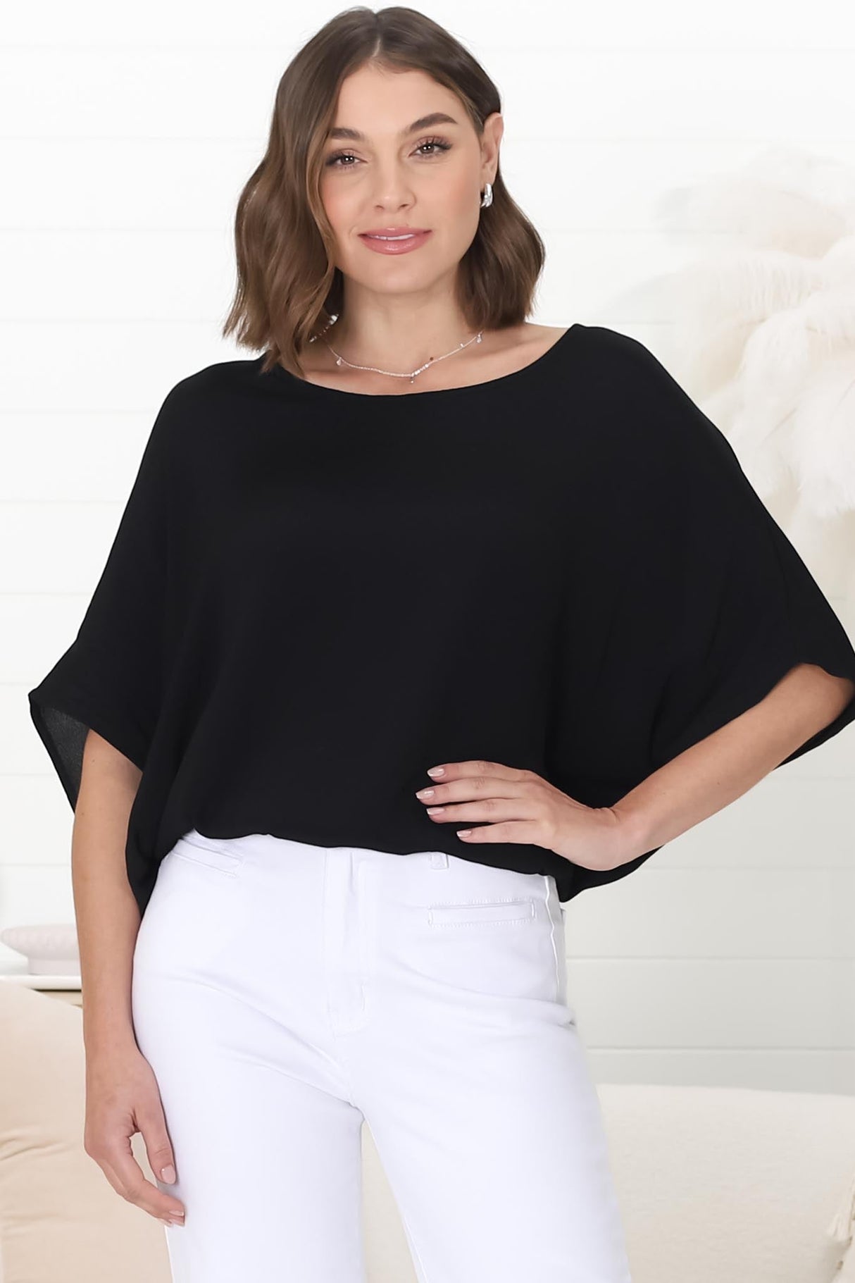 Lurye Top - Round Neckline with Bat Sleeves in Black