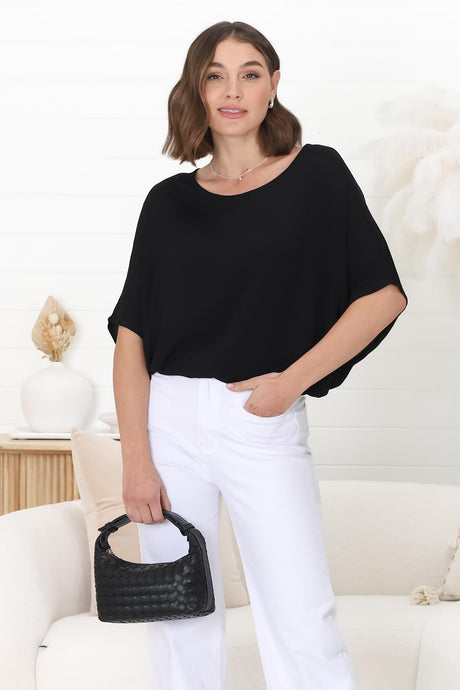 Lurye Top - Round Neckline with Bat Sleeves in Black